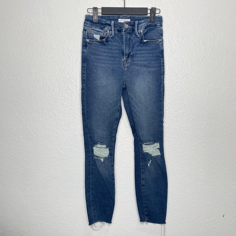 Good American Good Legs Crop High Rise Skinny Jeans Distressed Blue 2 26